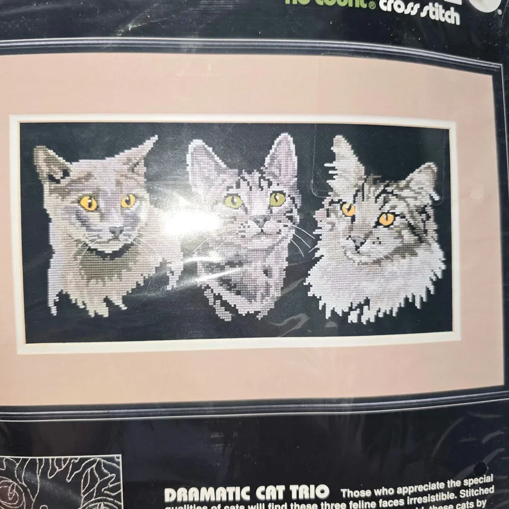 Dimensions Cross Stitch Dramatic Cat Trio Kit 3967 Feline Faces Gray Vintage